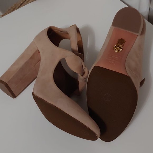 Authentic designer Aquazzura Sandy Pump Block Heel Suede Bows tan beige  7.5 - Picture 3 of 10